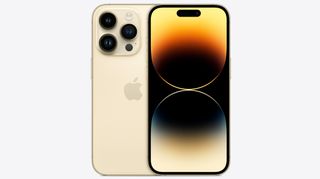 En iPhone 14 Pro visas upp fram- och bakifrån i en guldig färg.
