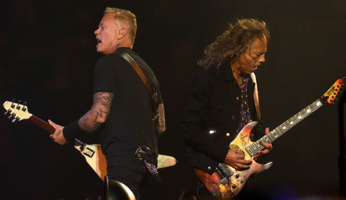 James Hetfield (left) and Kirk Hammett of Metallica perform during Metallica&#039;s 40th Anniversary Concert at Chase Center on December 17, 2021 in San Francisco, California