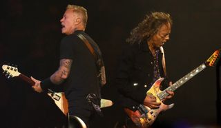 James Hetfield (left) and Kirk Hammett of Metallica perform during Metallica's 40th Anniversary Concert at Chase Center on December 17, 2021 in San Francisco, California