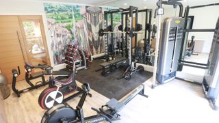 home gym with weightlifting machines and a mural