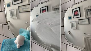 compilation image showing three steps for cleaning a mirror using the cleaning hack os rubbing in shaving foam to prevent fog