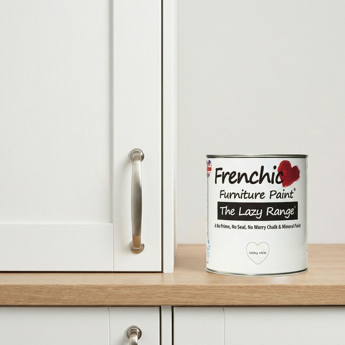 Frenchic Furniture Paint on wooden worktop next to white cabinet