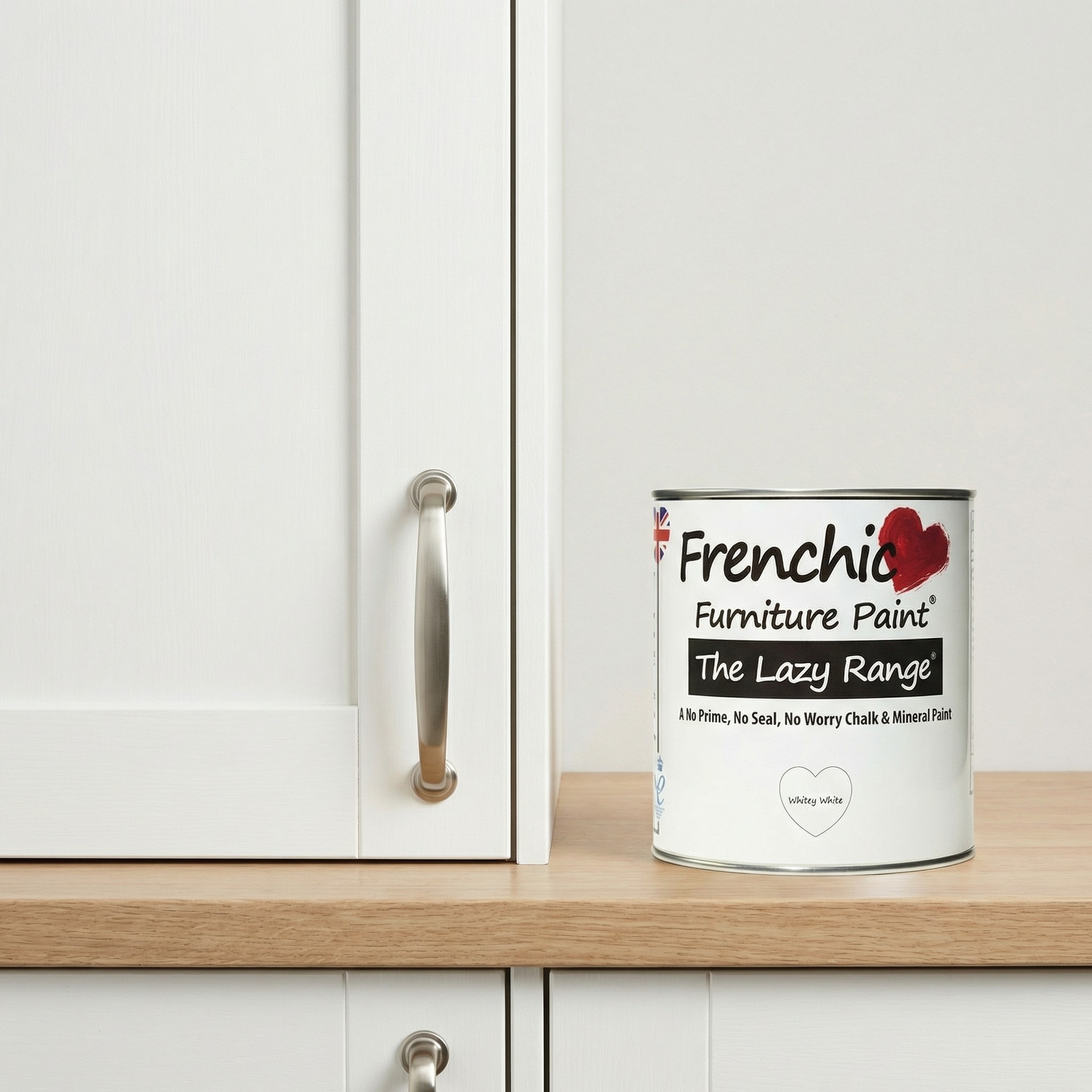 Frenchic Furniture Paint on wooden worktop next to white cabinet