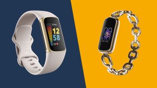 Fitbit Charge 5 with Lunar White band, and Fitbit Luxe with soft gold link bracelet