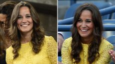 Composite of two pictures of Pippa Middleton wearing a sunshine yellow dress with her hair in soft curls at the 2012 US Open Men’s Singles Quarter Final