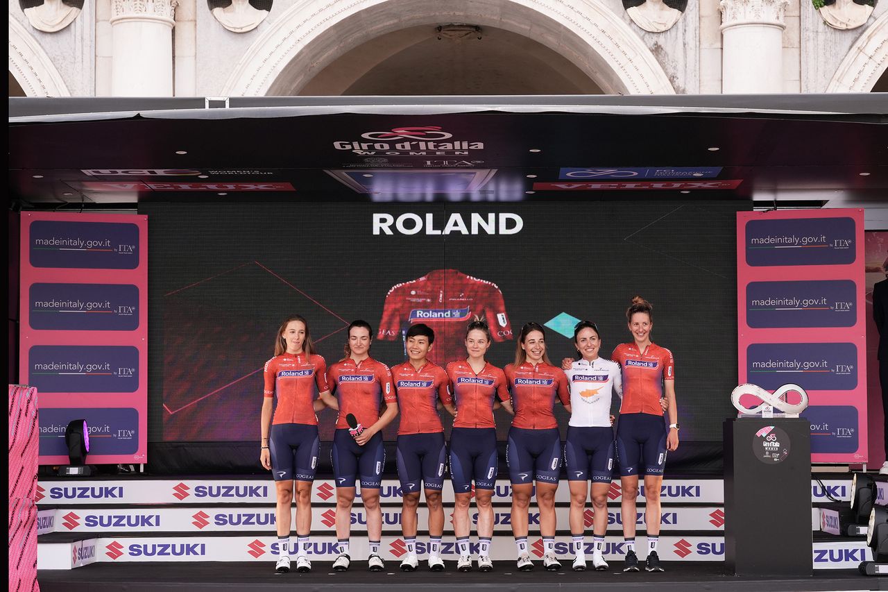 Roland on stage at the 2024 Giro d'Italia Women at the teams presentation at the Piazza della Loggia in Brescia