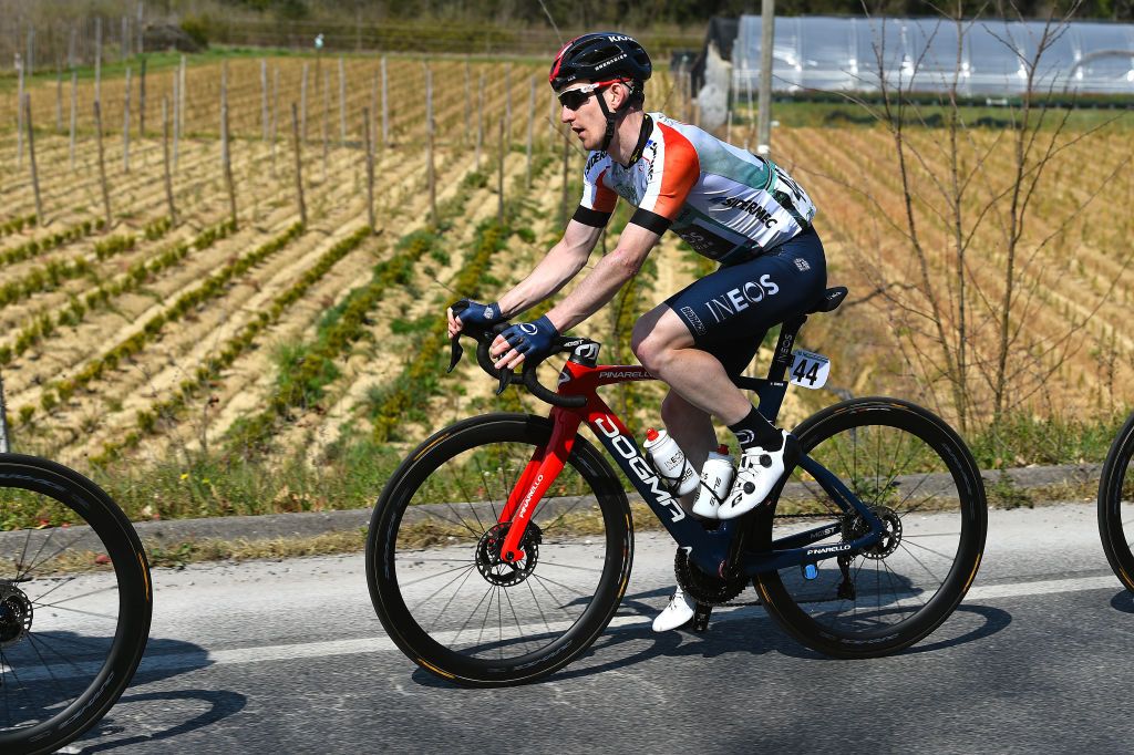CANTAGRILLO ITALY MARCH 26 Eddie Dunbar of Ireland and Team INEOS Grenadiers White Leader Jersey competes during the 36th Settimana Internazionale Coppi e Bartali 2022 Stage 5 a 160km stage from Casalguidi to Cantagrillo CoppieBartali on March 26 2022 in Cantagrillo Italy Photo by Dario BelingheriGetty Images