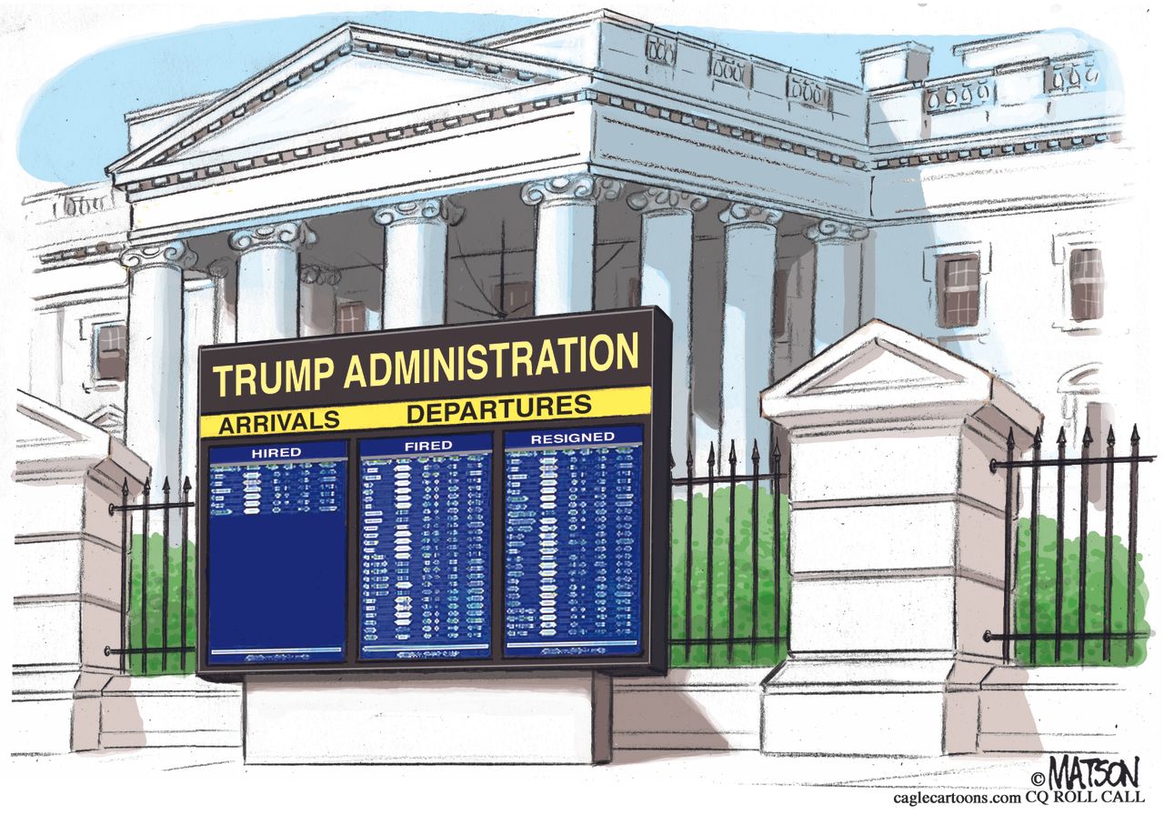 Political cartoon U.S. Trump White House firings revolving door