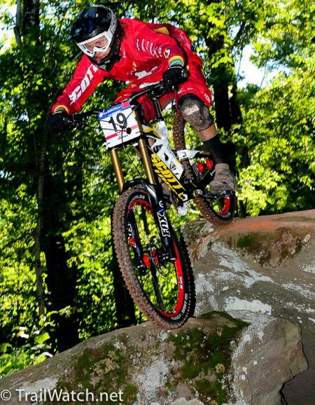 This shot captures the gnarly rock drops that riders like World Cup downhiller Nick Beer (Scott) encounter.