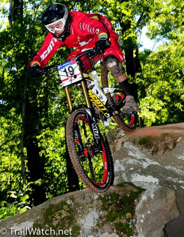 This shot captures the gnarly rock drops that riders like World Cup downhiller Nick Beer (Scott) encounter.