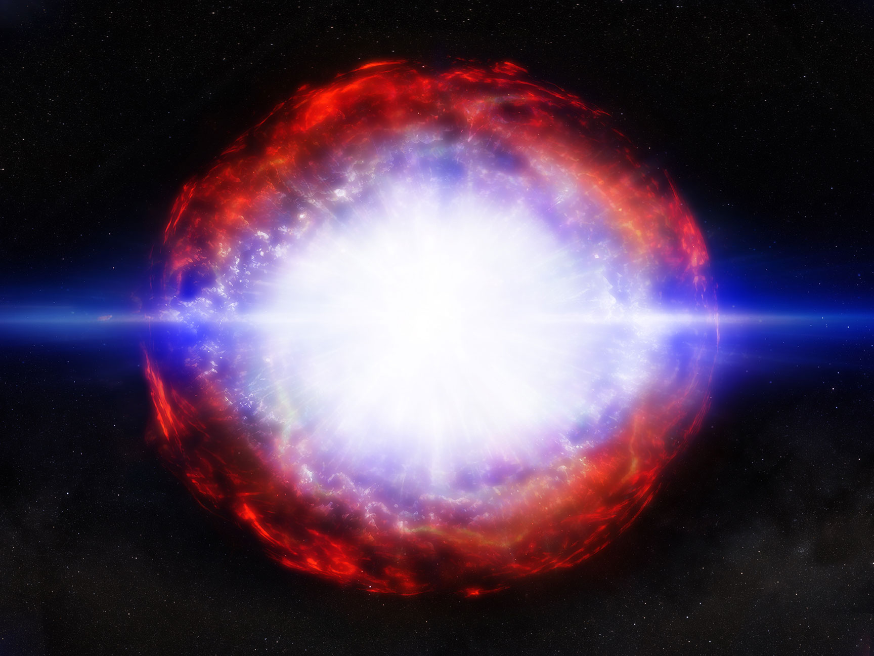 a large bright white fireball star emanates a sphere of fiery expulsion