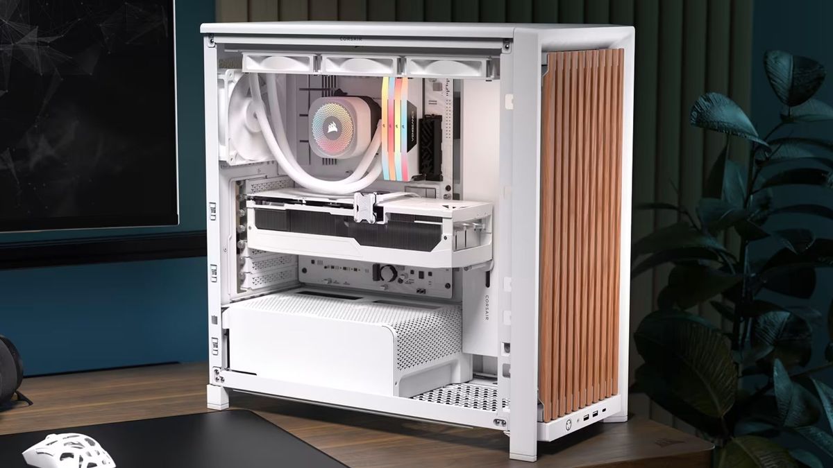 Corsair Frame 4000D Wood RS pc case on a desk
