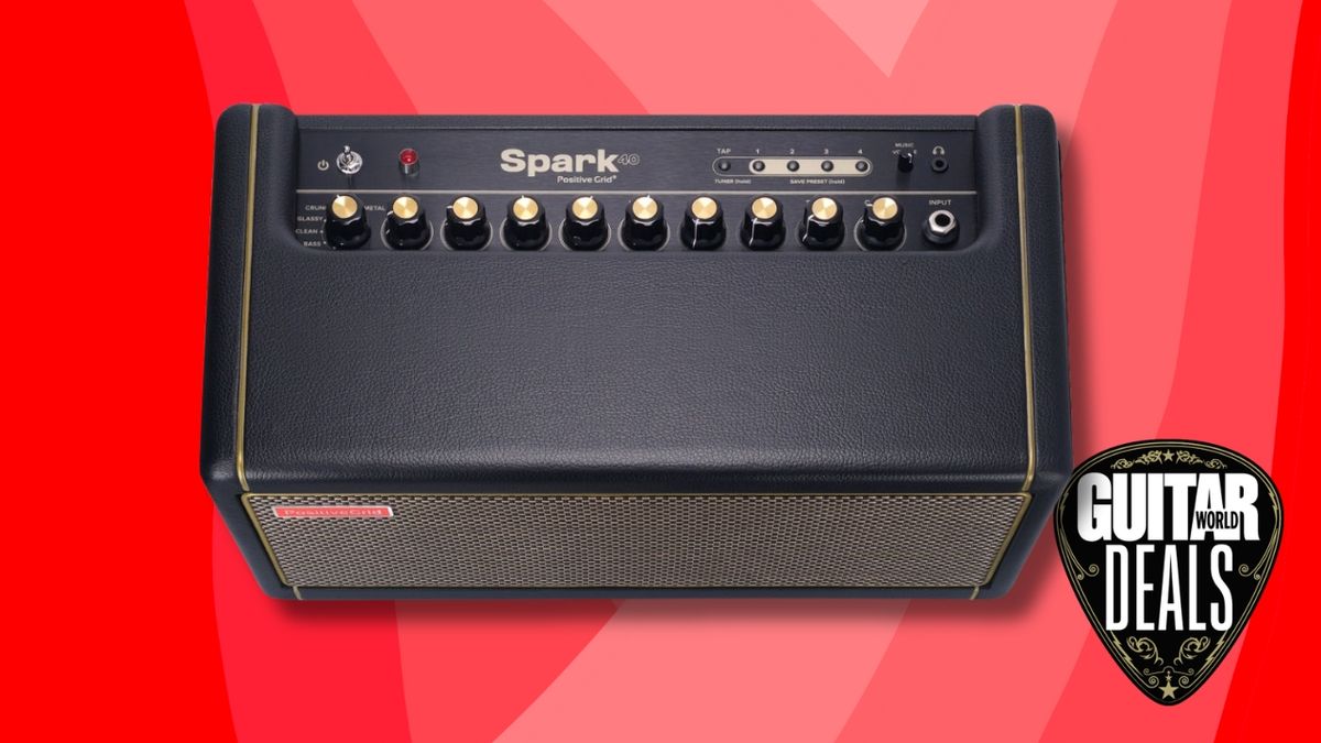 A top down view of a Positive Grid Spark 40 amp on a red and pink background