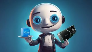 Robot butler holding an Intel Core i5 CPU and an NVIDIA RTX 4070 GPU.