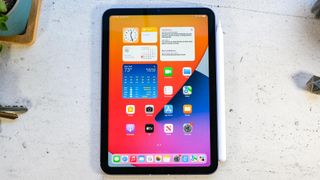 The iPad mini 2021 open to home screen with widgets