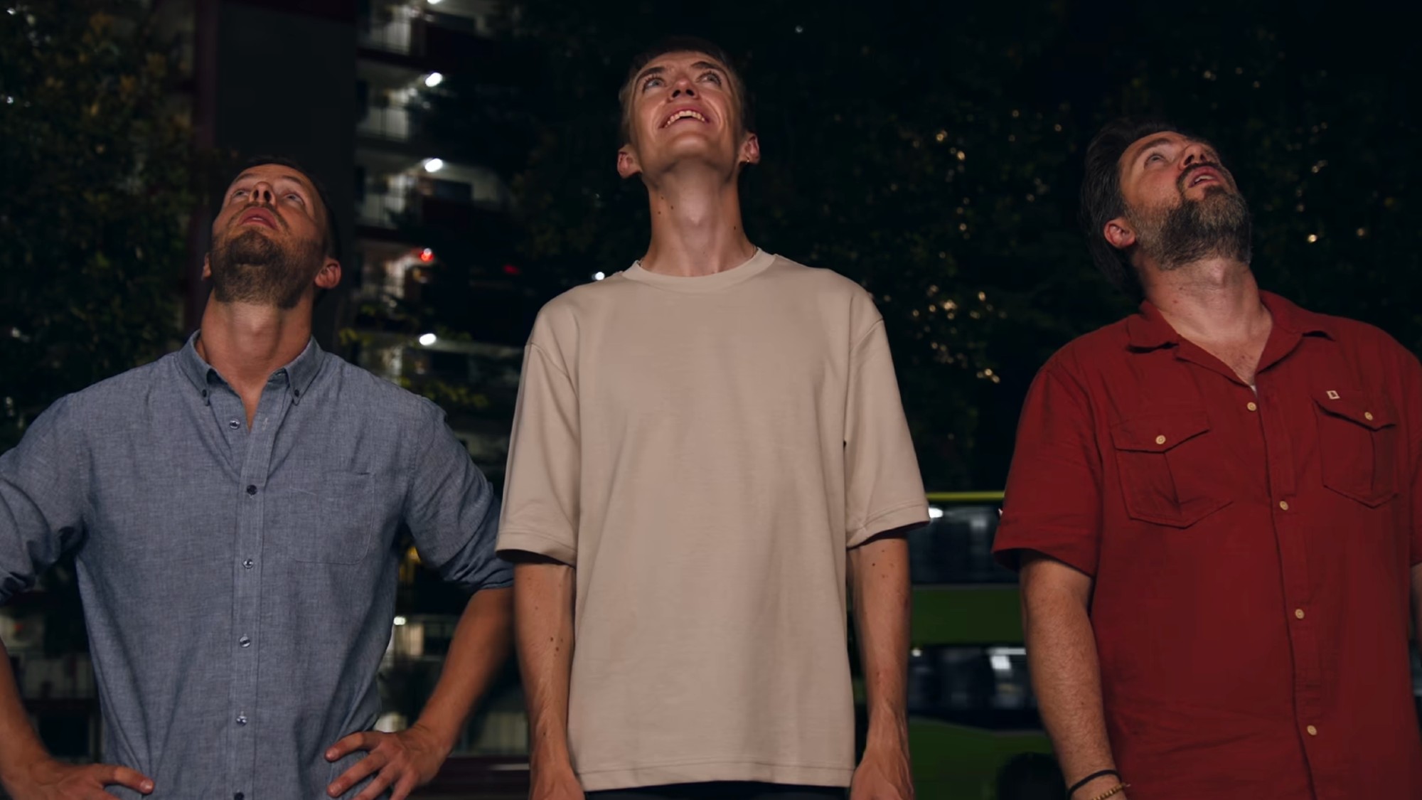 The three presenters of The Grand Tour looking up towards the sky
