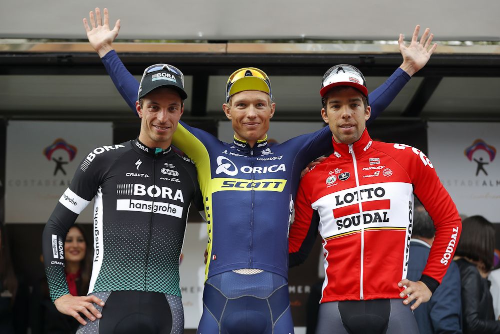 R&uuml;diger Selig, Magnus Cort Nielsen and Jens Debusschere on the 2017 Clasica de Almeria podium