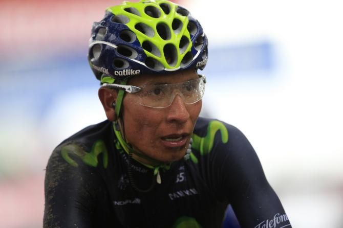 A wet Nairo Quintana (Movistar) crosses the line