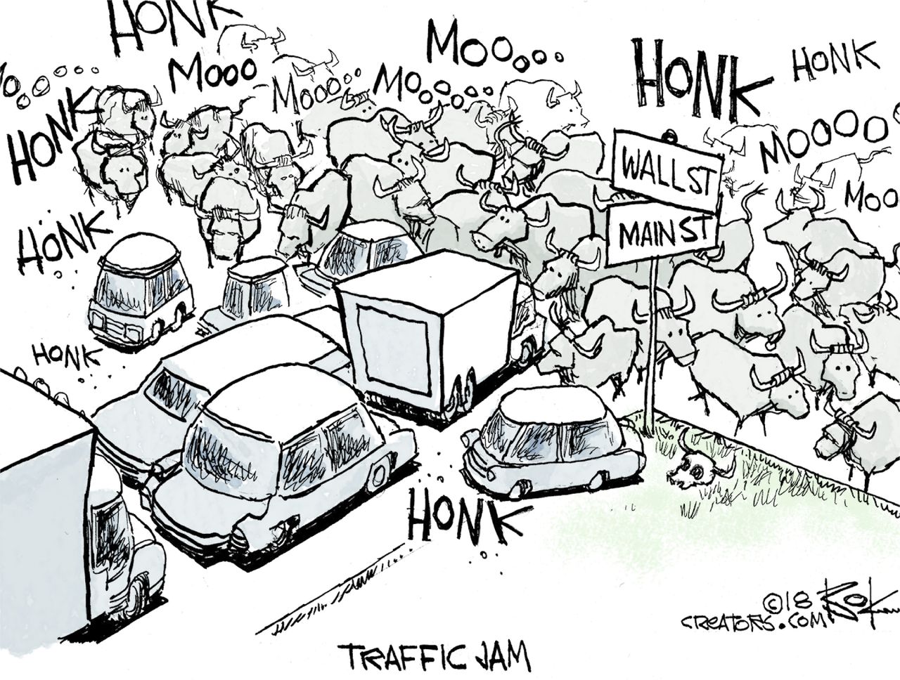 Political cartoon U.S. Wall street bull economy traffic