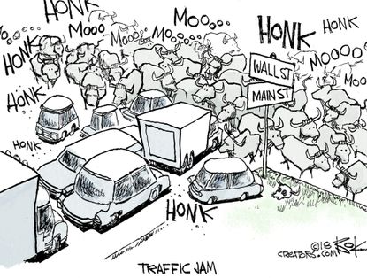 Political cartoon U.S. Wall street bull economy traffic