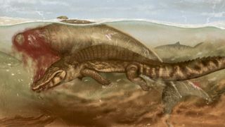 Artist drawing of the prehistoric crocodile attacking the sea cow in shallow water, while a tiger shark waits in the background.