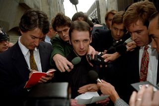 Colin Stagg issues a statement to journalists outside the Old Bailey