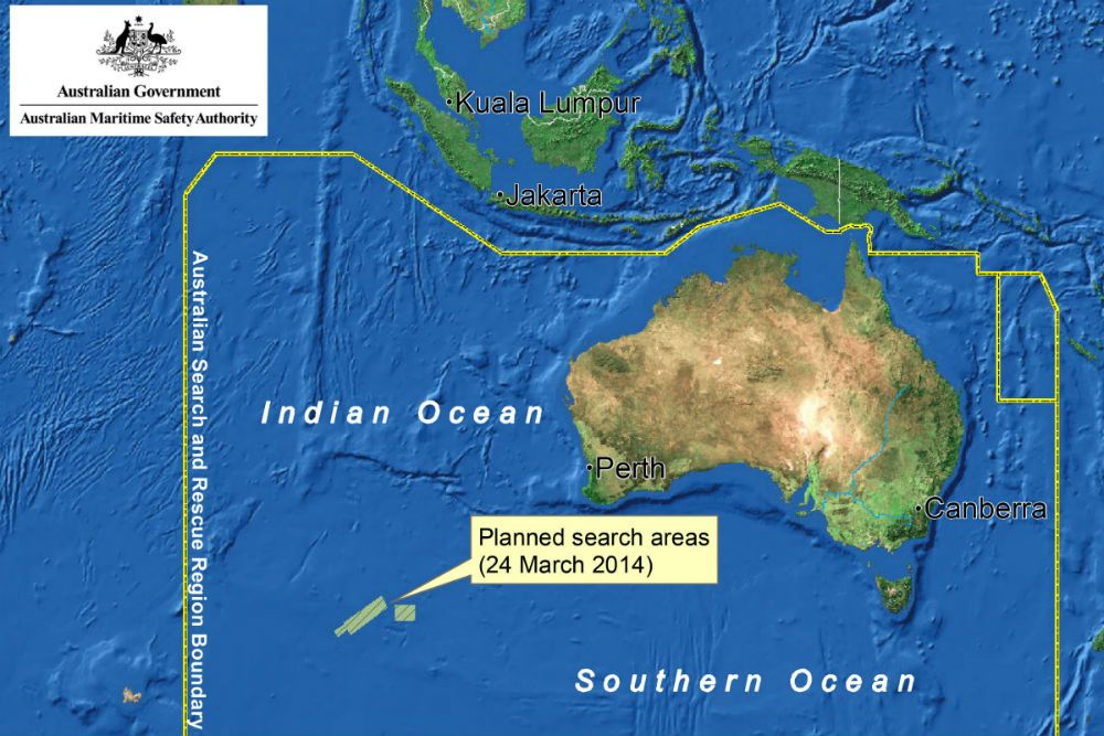 The search zone, in which it is believed flight MH370 crashed