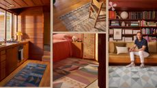 Four rugs from the Jonathan Adler x Ruggable collection in Jonathan's home, in the hallway, lounge, dining table, and bedroom