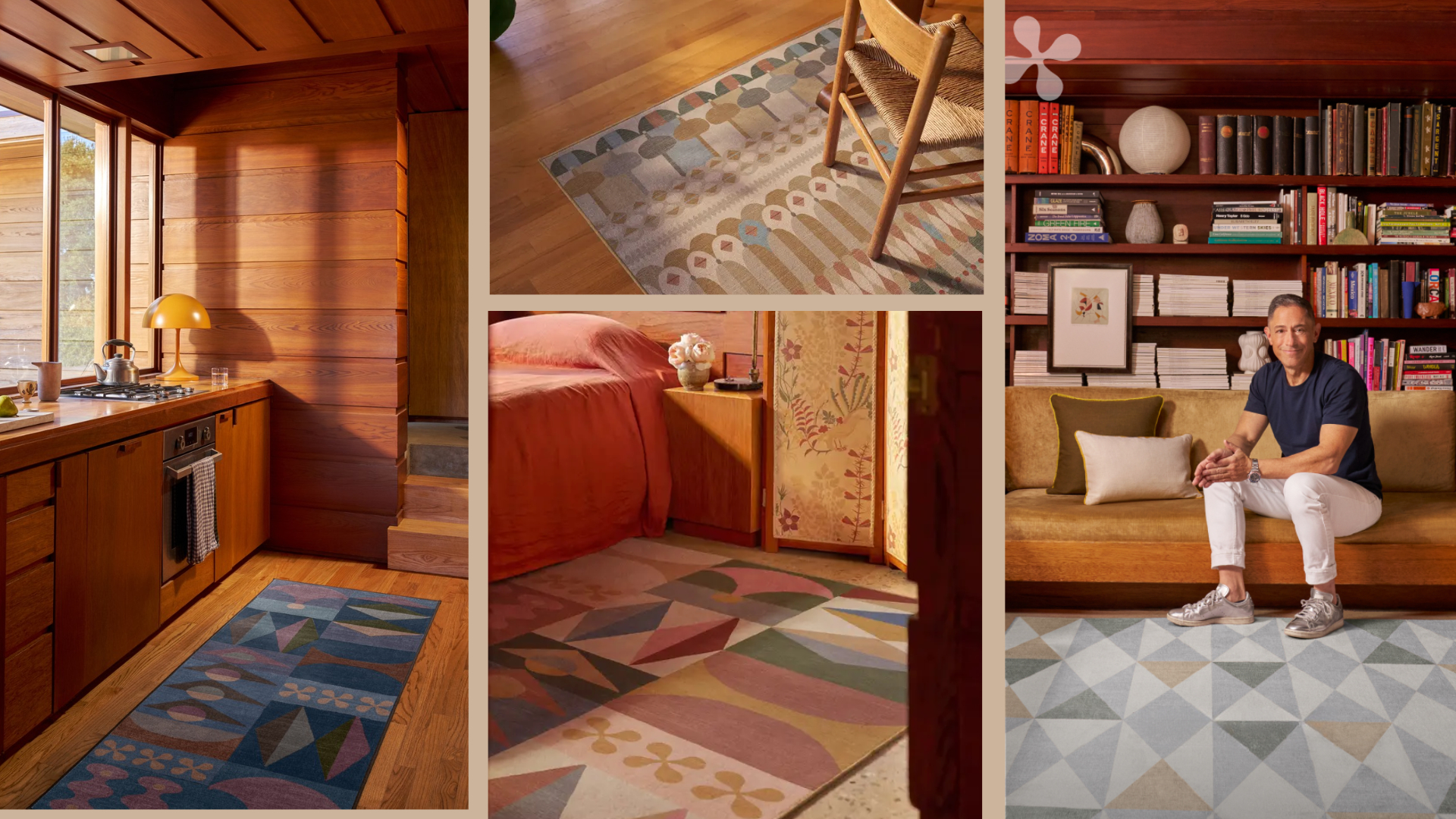 Four rugs from the Jonathan Adler x Ruggable collection in Jonathan's home, in the hallway, lounge, dining table, and bedroom