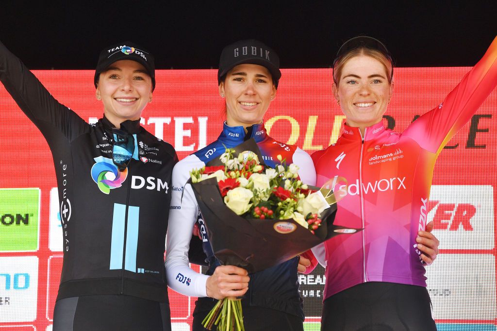 VALKENBURG NETHERLANDS APRIL 10 LR Liane Lippert of Germany and Team DSM on third place race winner Marta Cavalli of Italy and Team FDJ Nouvelle Aquitaine Futuroscope and Demi Vollering of Netherlands and Team SD Worx on second place pose on the podium during the podium ceremony after the 8th Amstel Gold Race Ladies Edition 2022 a 1285km one day race from Maastricht to Valkenburg UCIWWT AGR2022 on April 10 2022 in Valkenburg Netherlands Photo by Luc ClaessenGetty Images