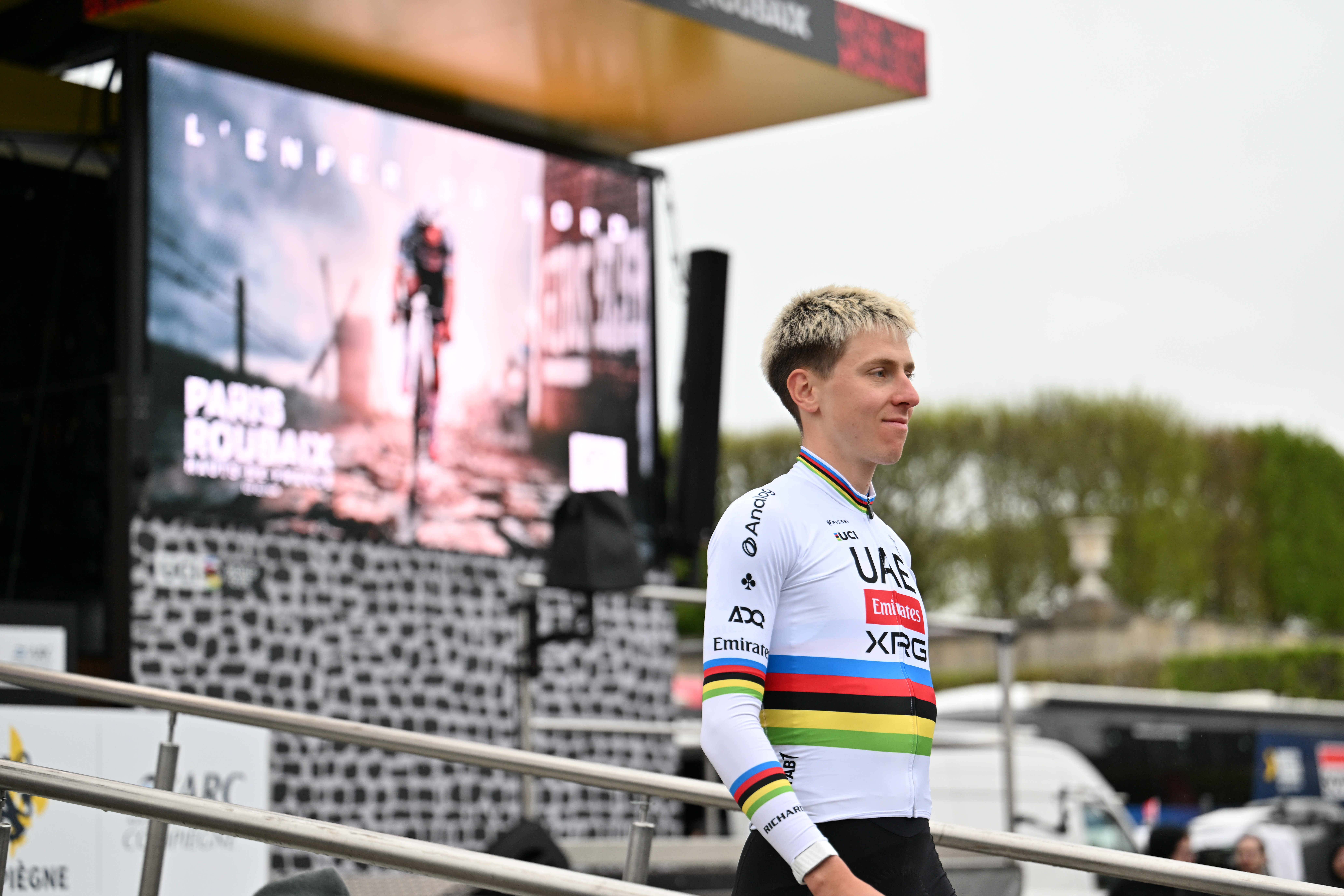 World champion Tadej Pogacar of UAE Team Emirates participates in the team presentation of Paris-Roubaix 2026 (Photo by Gautier Demouveaux/NurPhoto via Getty Images)
