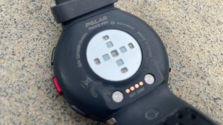 Rear of Polar Pace Pro running watch showing extra LEDs of heart rate sesnor