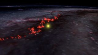 an image of the stars with many red dots on it and one large yellow dot