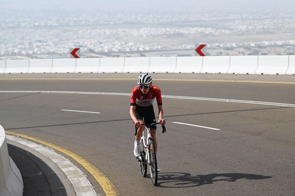 JEBEL HAFEET UNITED ARAB EMIRATES FEBRUARY 23 Tadej Pogacar of Slovenia and UAE Team Emirates Red Leader Jersey competes in the breakaway during the 7th UAE Tour Stage 7 a 176km stage from Al Ain Hazza Bin Zayed Stadium to Jebel Hafeet 1031m UCIWWT on February 23 2025 in Jebel Hafeet United Arab Emirates Photo by Dario BelingheriGetty Images