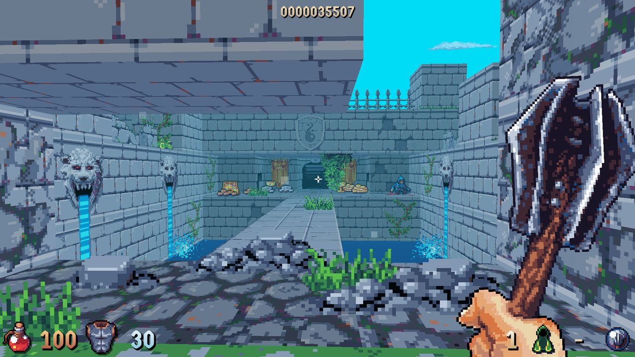 First person view holding mace looking at bridge crossing moat toward gate in Wizordum.