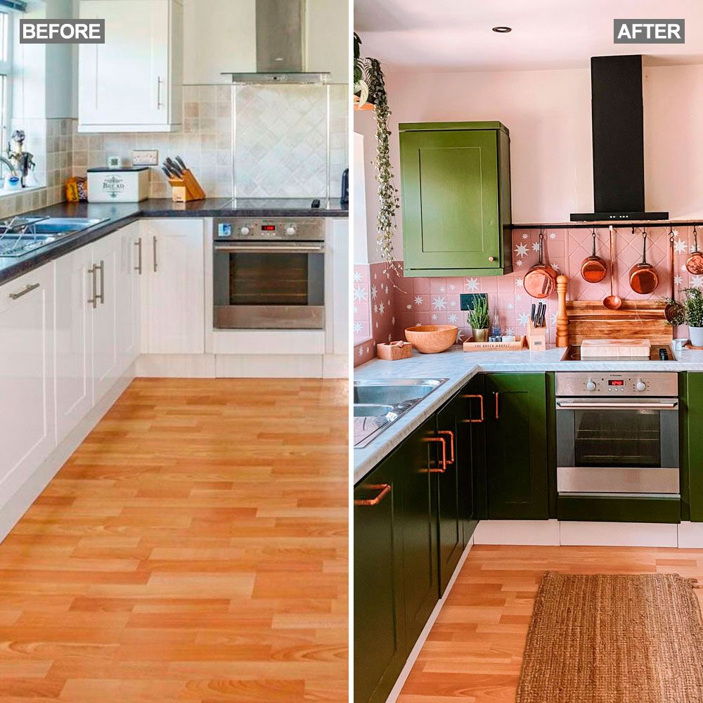 Wow! Homeowner transforms kitchen with green painted cabinets and pink tiles
