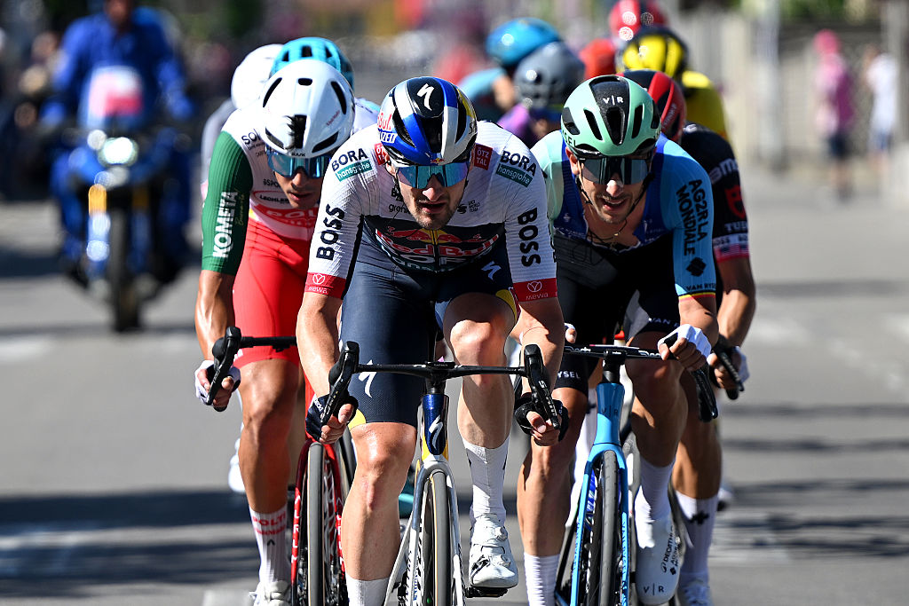 CESANO MADERNO ITALY MAY 29 LR Mirco Maestri of Italy and Team Polti VisitMalta Nico Denz of Germany and Team Red Bull BORA hansgrohe and Dries De Bondt of Belgium and Team Decathlon AG2R La Mondiale compete in the breakaway during the 108th Giro dItalia 2025 Stage 18 a 144km stage from Morbegno to Cesano Maderno UCIWT on May 29 2025 in Cesano Maderno Italy Photo by Dario BelingheriGetty Images