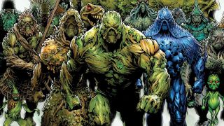 DC Comics artwork of numerous versions of Swamp Thing and Avatars of the Green