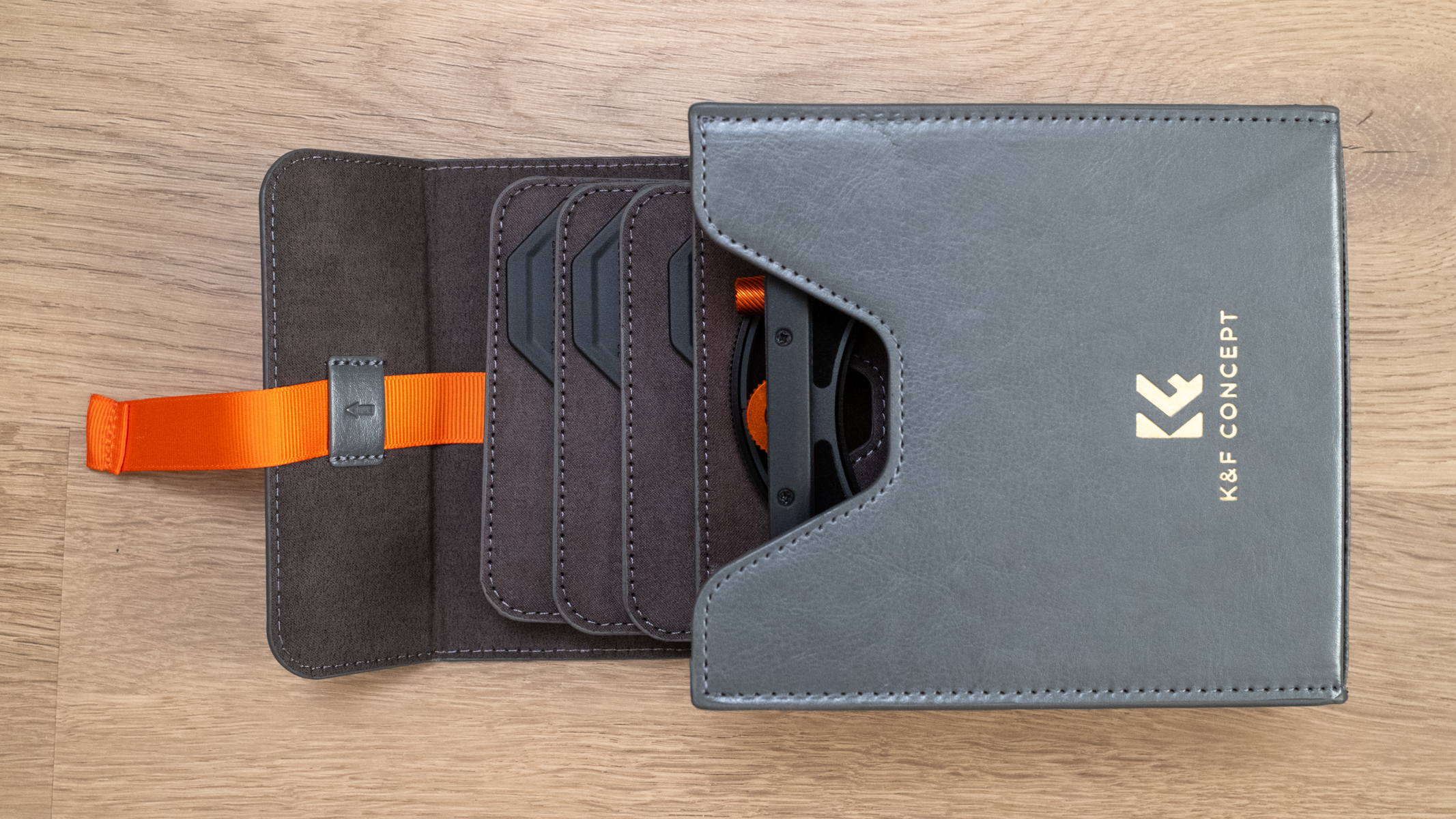 K&F Concept Square Filter Holder System X-Pro series leather case showing filter slots expanded