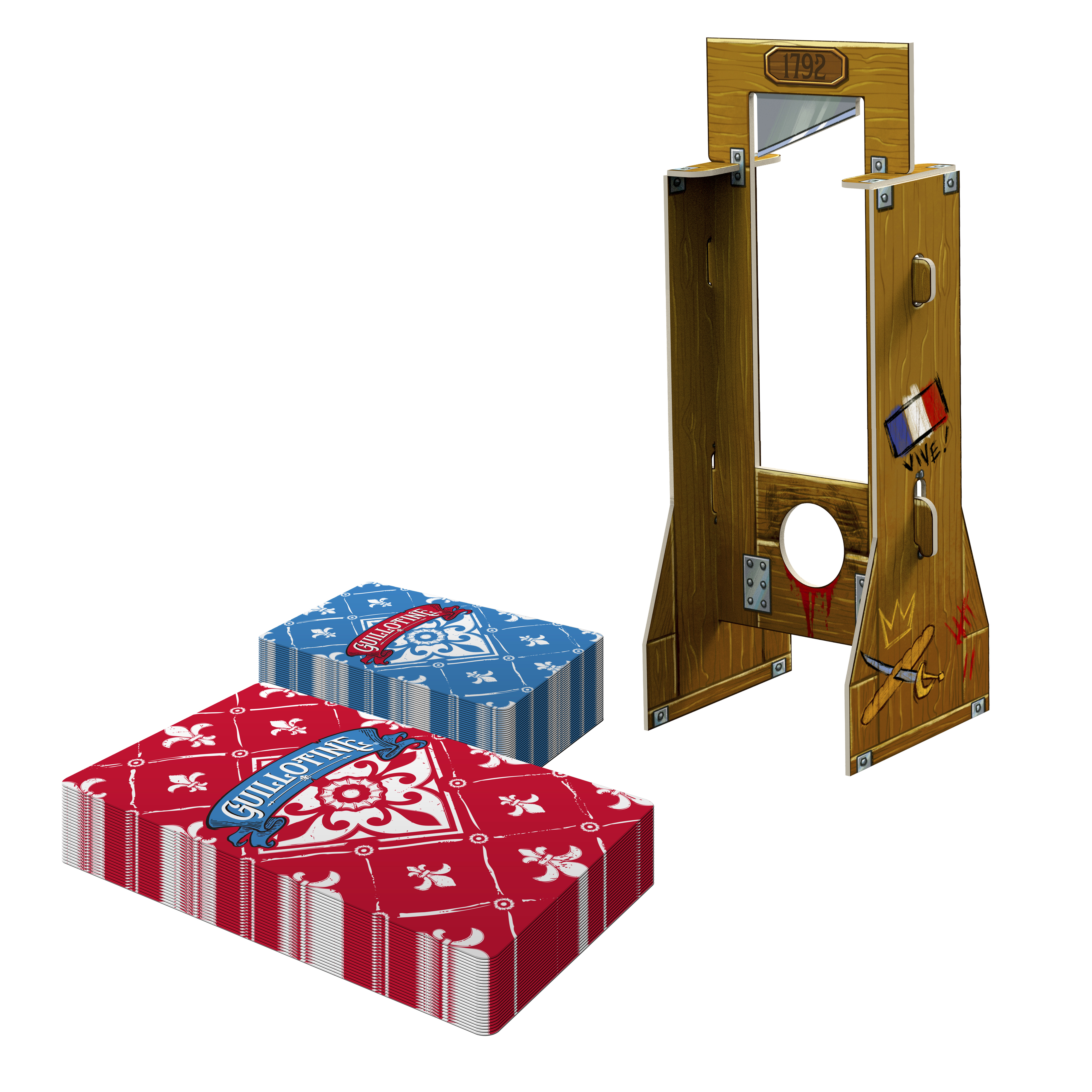 Guillotine box, cards, and prop on a plain background