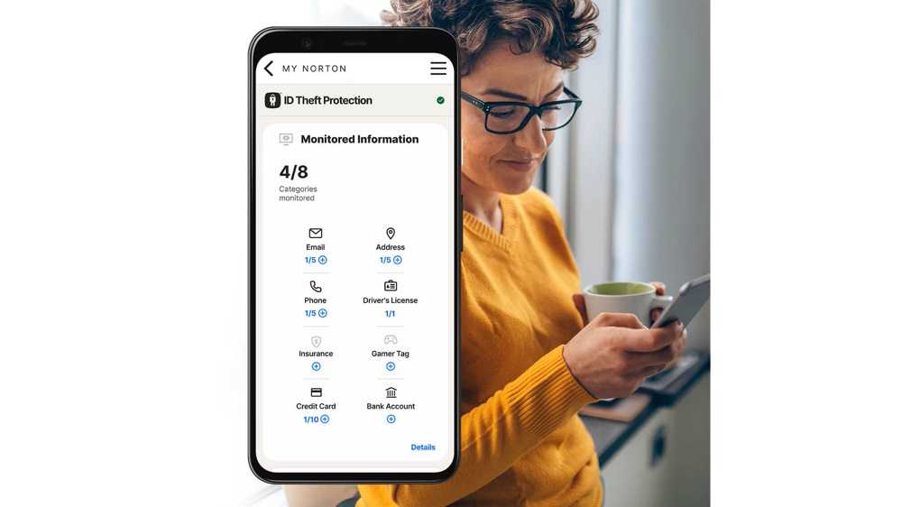 Composite image comprising Norton&#039;s Id Theft Protection interface on a smartphone and a woman holding a mug and using her smartphone.