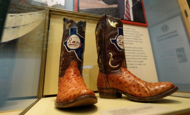 Boots commemorating George W. Bush&amp;#039;s tenure as general managing partner of the Texas Rangers are displayed at his presidential library. 