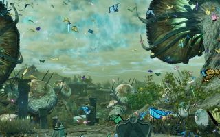 Butterflies flit past giant mushrooms