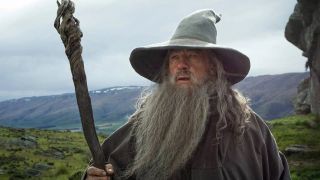 Gandalf the Grey stares at something in the distance in The Lord of the Rings: The Fellowship of the Ring
