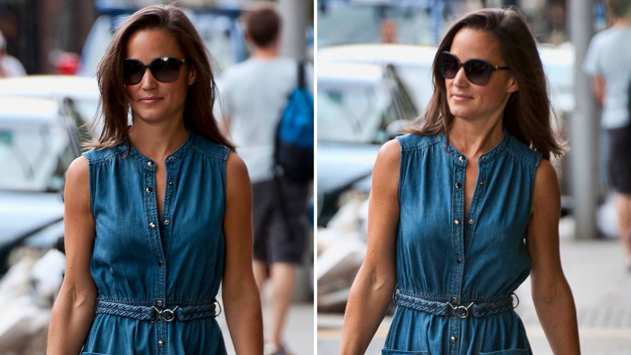 Composite of two pictures of Pippa Middleton wearing a denim dress in London in July 2011