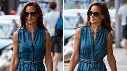 Composite of two pictures of Pippa Middleton wearing a denim dress in London in July 2011