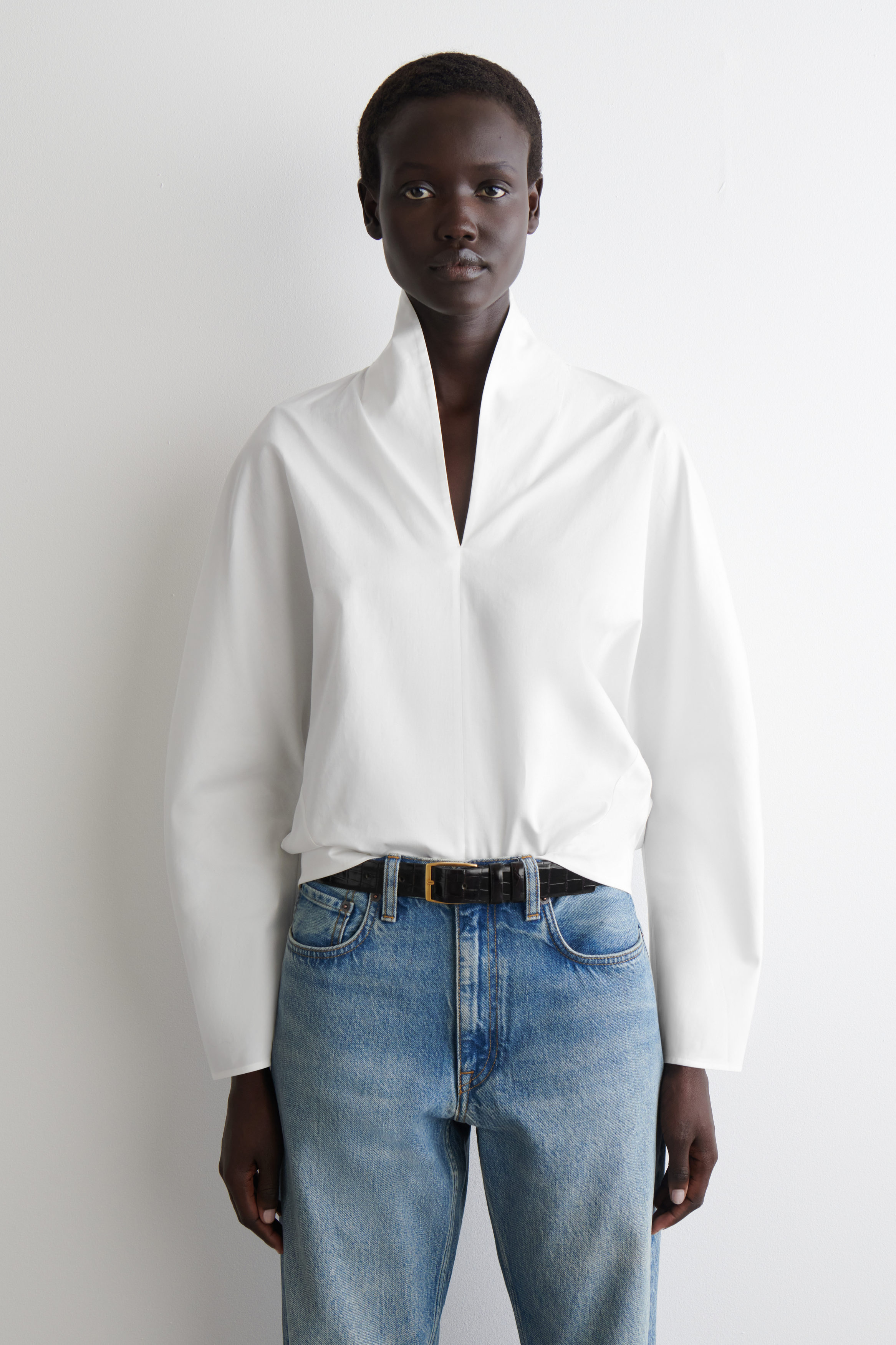 Draped-Collar Cotton Blouse