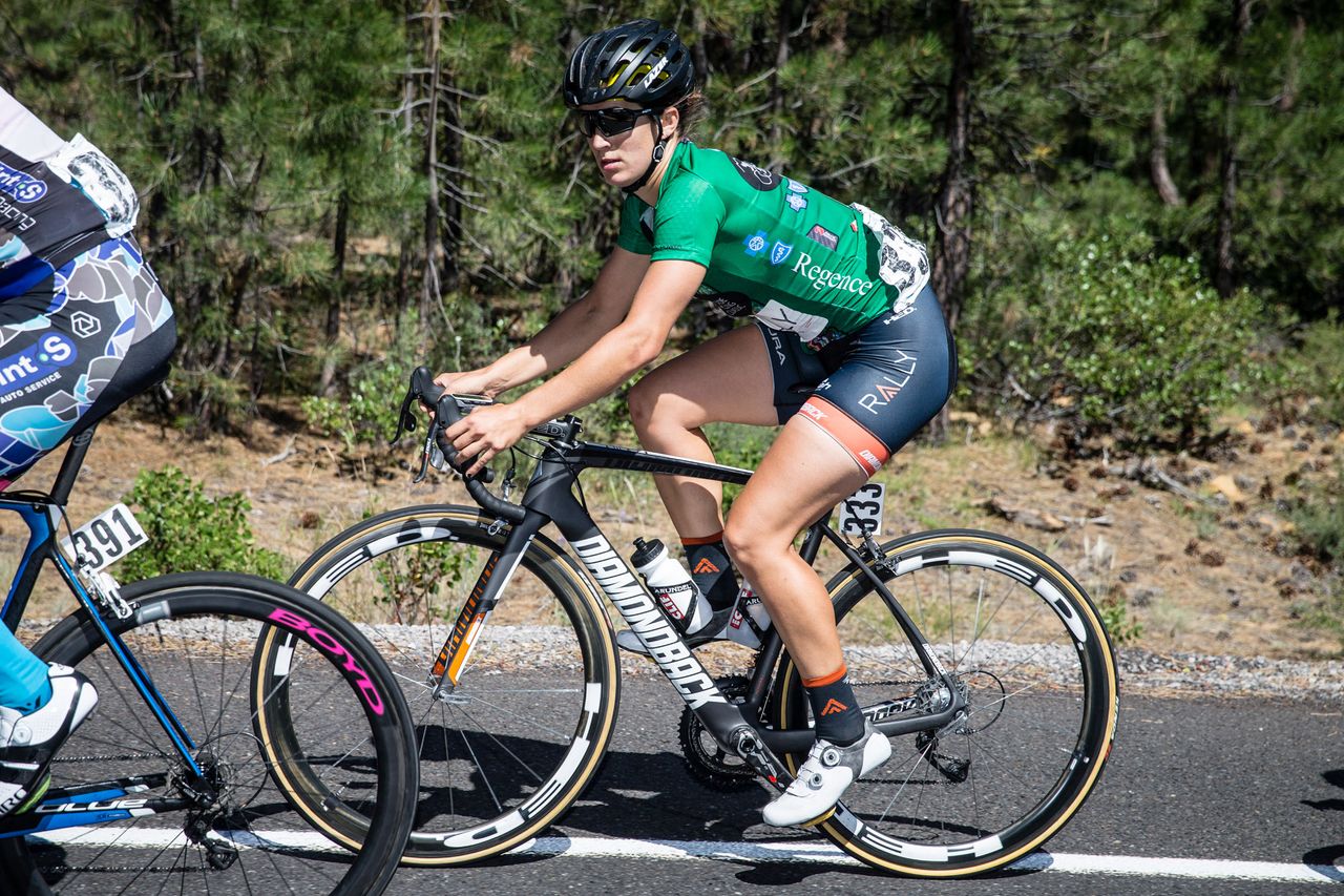 Sara Bergen (Rally) checks on other riders in the break