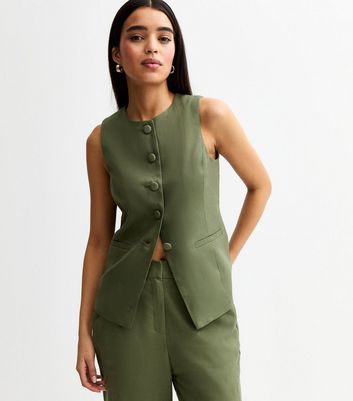Khaki Crew Neck Linen Blend Waistcoat