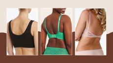 A selection of models wearing three of the best bras for back fat from Spanx, Bravissimo, Wonderbra